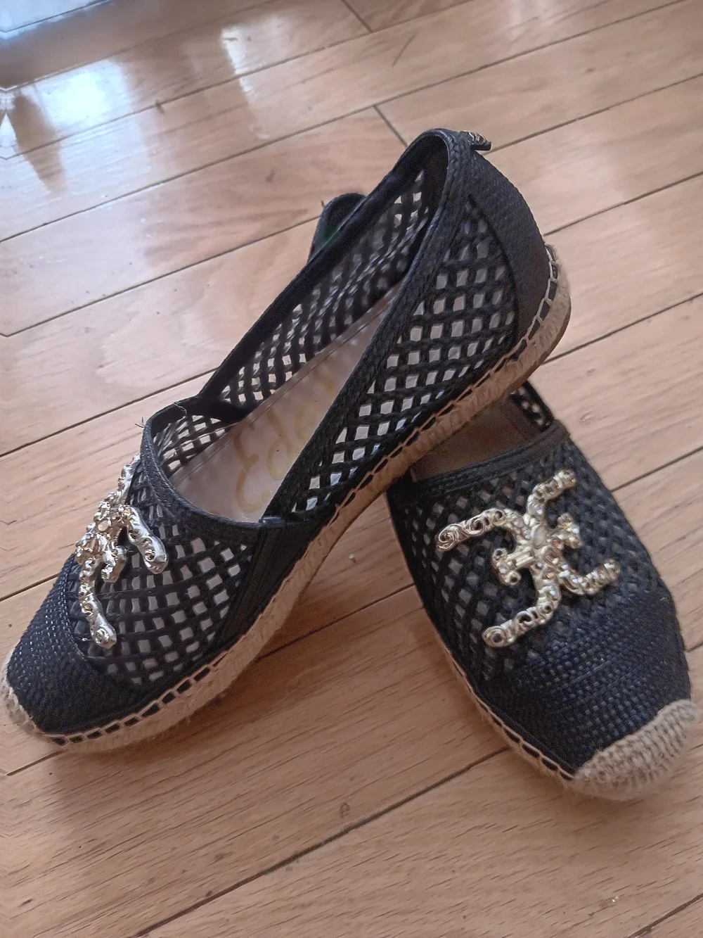 Sam Edelman Black Mesh Espadrille Flats with Gold Decorative Emblem